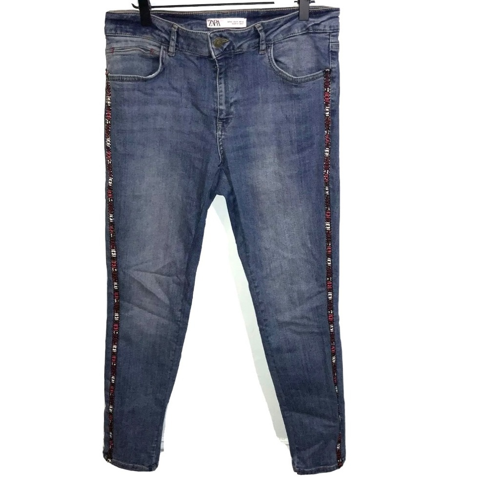 ZARA Blue JEANS Z1975 MID RISE SKINNY BEJEWELLED